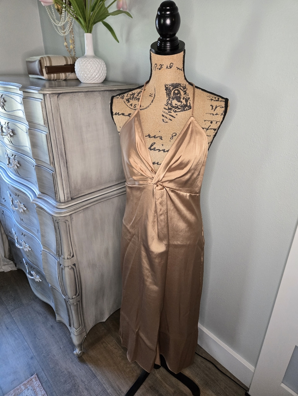 Express Satin Halter Slip Dress in Bronze